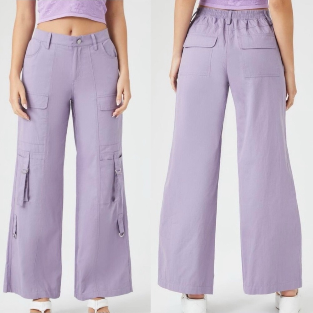 Forever 21 Purple Twill Wide Baggy Leg Cargo Pants